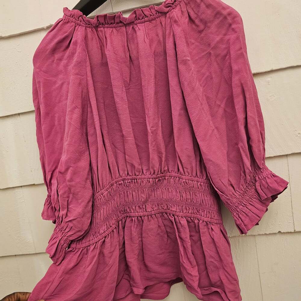 Terra & Sky Women's 0X 14W Pink Smocked Peplum Blouse Puff Sleeve Boho NWT - Picture 8 of 10